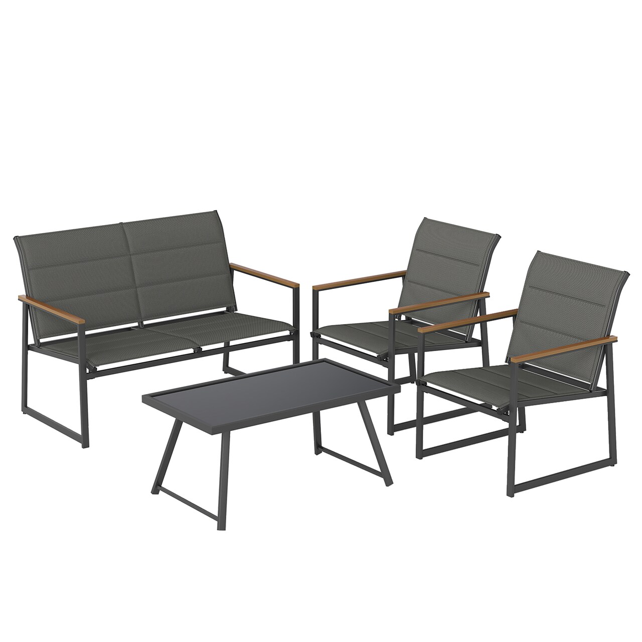 Grey Metal Fabric 4-Piece Outdoor Patio Set Loveseat Chairs with Glass Table